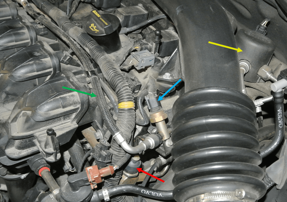 Exempel på montering av bränsletrycksgivare för högtryckssidan / lågtryckssidan på en Volvo tillsammans med bränsletillförselledning och högtryckspump.