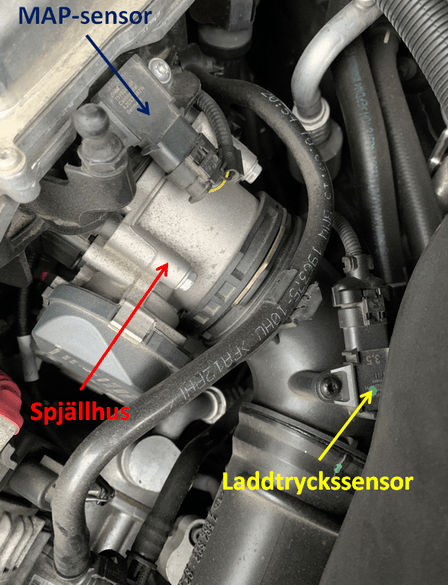 Exempel på placering av MAP-sensor och laddtryckssensor på BMW.